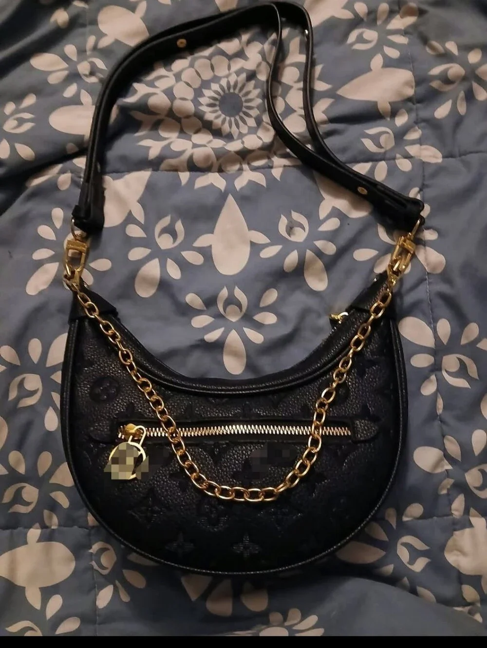 Black Leather Crescent Shoulder Bag with Gold Chain